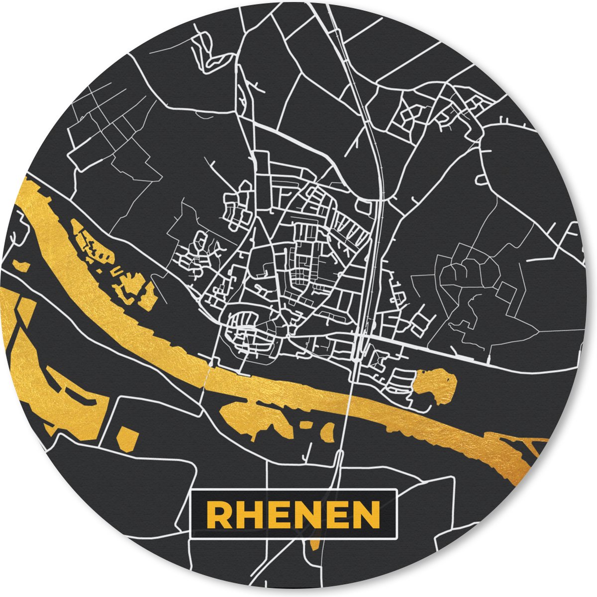 Muismat rond 40x40 cm - Mousepad Rhenen - Stadskaart - Black and Gold - Kaart - Plattegrond - Ronde muismatten - Stadskaart