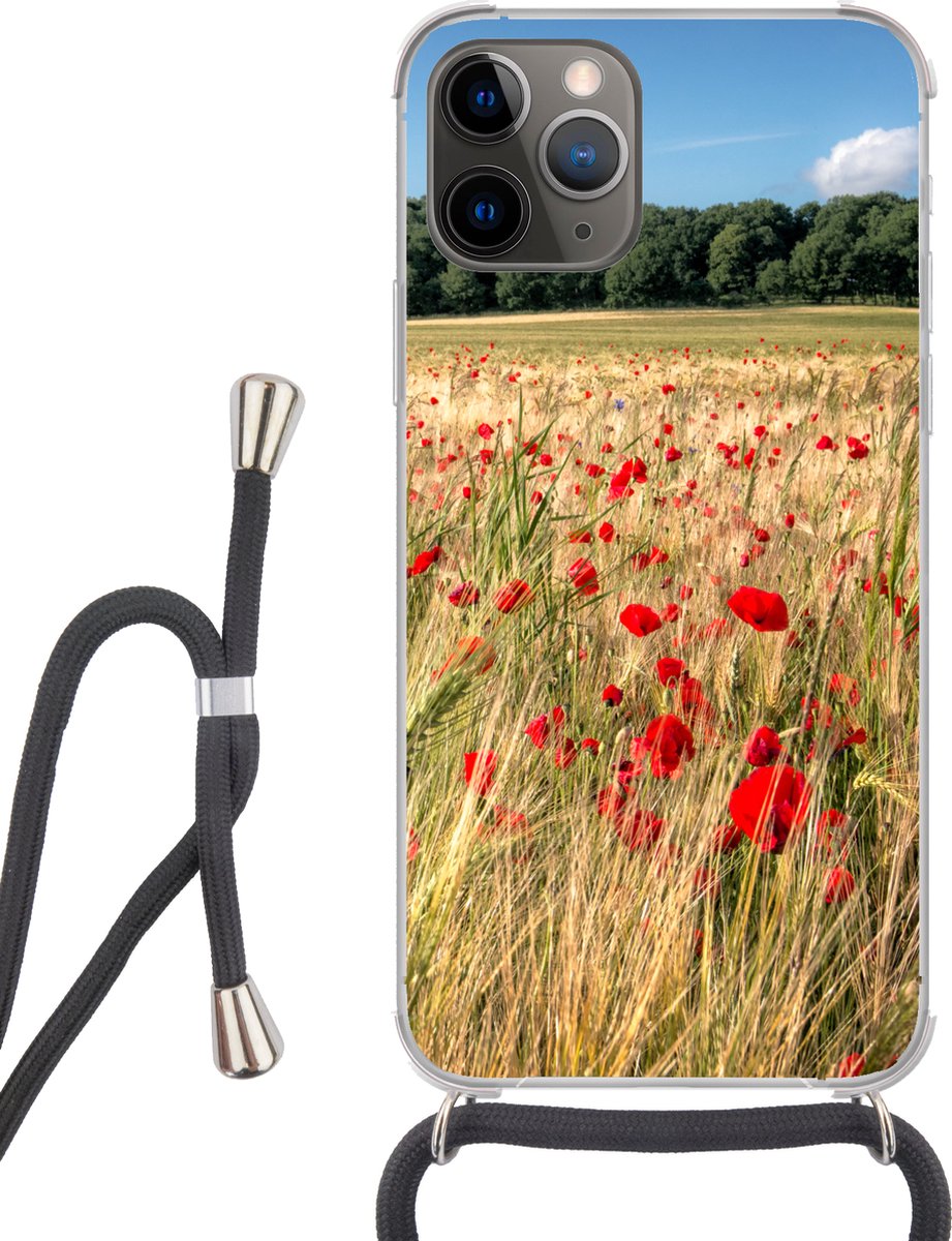 Telefoonhoesje Geschikt voor iPhone 11 Pro - Wilde Klaprozen in een groot veld - Siliconen - Crossbody - Backcover met Koord - Telefoonhoesje met koord - Hoesje met touw Telefoonhoesje