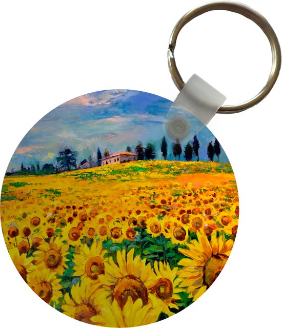 Porte-clés - Peinture à l'huile - Peinture - Fleurs - Tournesol - Plastique - Rond - Cadeaux