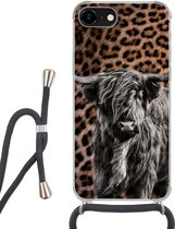 Coque avec cordon iPhone SE 2020 - Highlander écossais - Imprimé panthère - Zwart - Wit - Siliconen - Bandoulière - Coque arrière avec cordon - Coque pour téléphone avec cordon - Coque avec corde