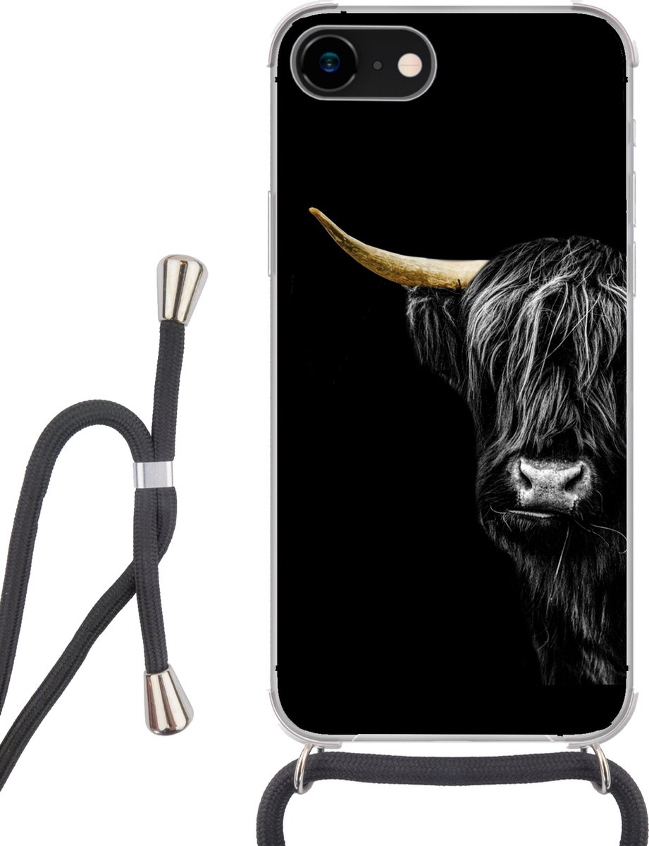 Telefoonhoesje Geschikt voor iPhone SE 2020 - Schotse hooglander - Koeien - Goud - Siliconen - Crossbody - Backcover met Koord - Telefoonhoesje met koord - Hoesje met touw Telefoonhoesje