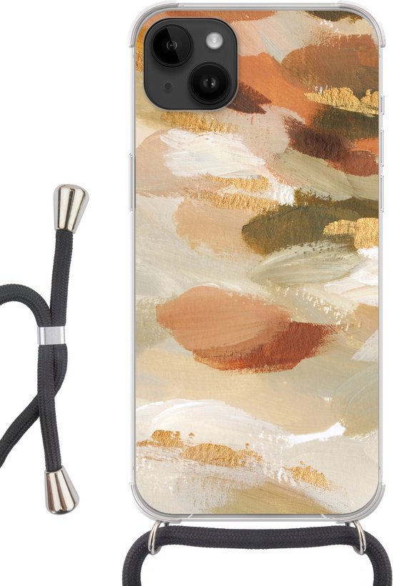 Apple iPhone 14 Plus - Étui à bandoulière - Peinture - Or - Marron - Siliconen - Bandoulière - Coque arrière avec cordon - Étui pour téléphone avec cordon - Étui avec corde