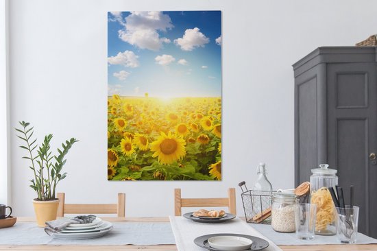 Canvas Schilderij Zonnebloem - Zon - Wolken - 80x120 cm - Wanddecoratie