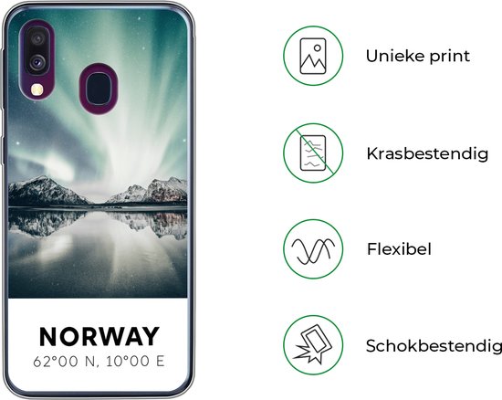 Telefoonhoesje Geschikt voor Samsung Galaxy A40 hoesje - Noorwegen - Noorderlicht - Meer - Siliconen Telefoonhoesje Telefoonhoesje