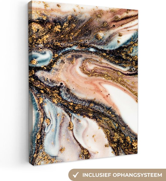 Tableau Toile Aspect Marbre - Goud - Zwart - Glitter - Chic - 90x120 cm - Décoration murale