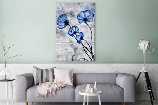 Toile Peinture Fleurs - Journal - Blauw - 80x120 cm - Décoration murale