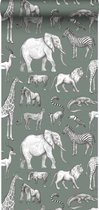 ESTAhome behang jungle dieren vergrijsd groen - 139513 - 53 cm x 10,05 m