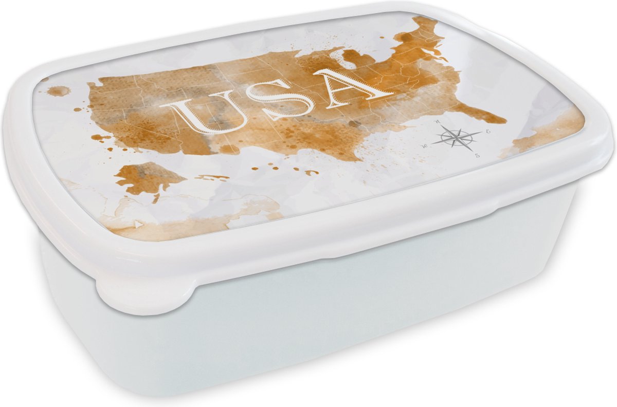Broodtrommel Wit - Lunchbox - Brooddoos - Kaart - Amerika - Goud - 18x12x6 cm - Volwassenen