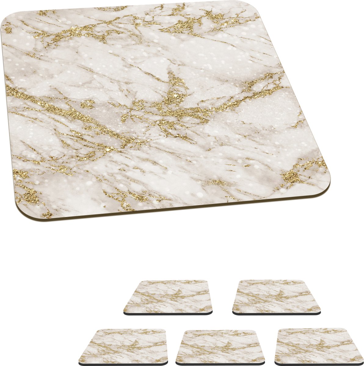 Onderzetters voor glazen - Marmer - Patroon - Wit - Goud - 10x10 cm - Glasonderzetters - 6 stuks