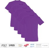5 Pack Sol's Jongens/Meisjes T-Shirt 100% biologisch katoen Ronde hals Paars Maat 142/152 (11-12 Jaar)