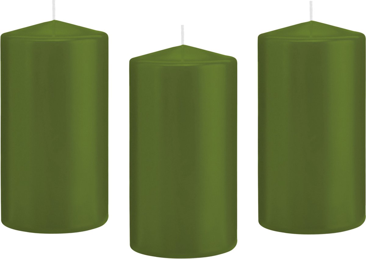 Trend Candles Cilinderkaars/stompkaars - 12x - olijfgroen - 8 x 15 cm - 69 branduren - horeca kaarsen