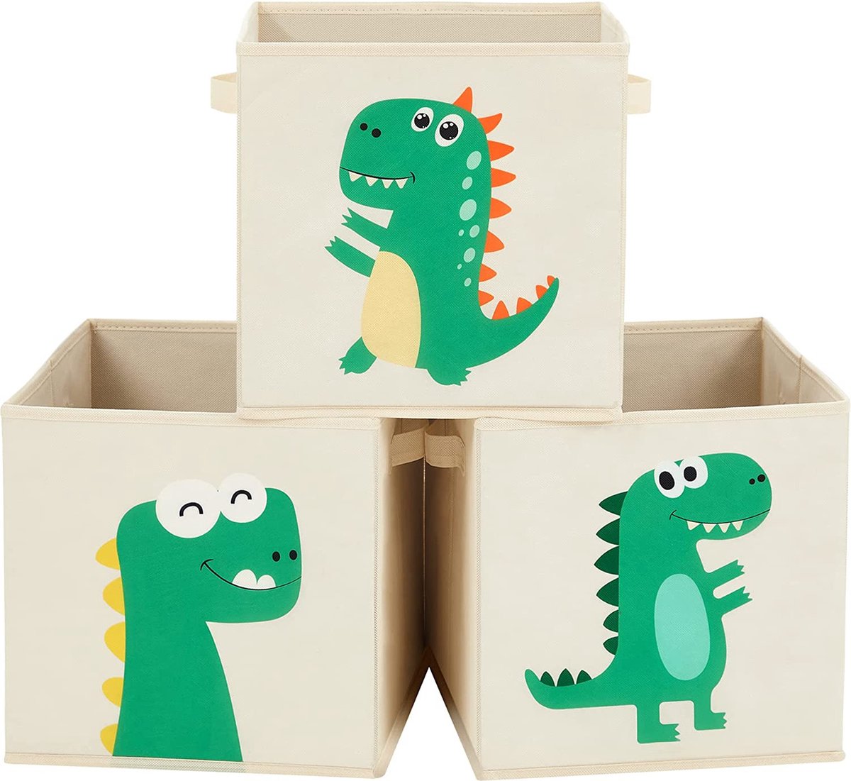 Opbergbox - Set van 3 - Opbergmand - Speelgoedopberger - Stoffen Boxen - 30 x 30 x 30 cm - Opvouwbaar - Met Handvaten - Slaapkamer - Speelkamer - Dinosaurusmotieven - Beige