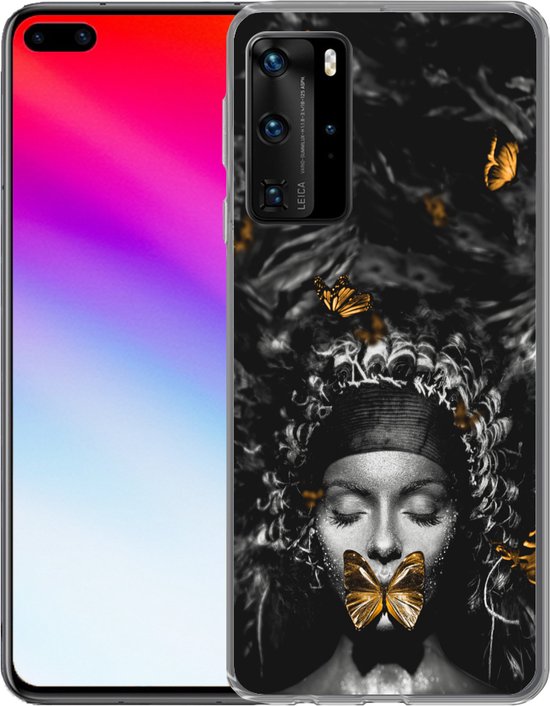 Convient pour coque Huawei P40 Pro - Femme - Papillons - Zwart - Wit - Coque de téléphone en Siliconen