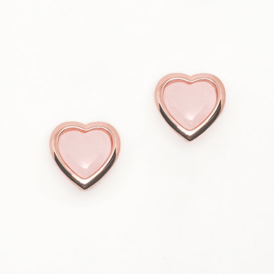 White Basis – Oorknoppen Hart met Rozenkwarts  – 18k Rose Goud Verguld 925 Sterling Zilver – Rose Quartz Heart – Kristallen –  Edelstenen