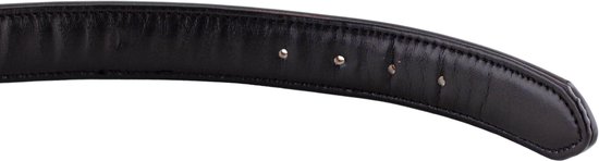 Gedetailleerd zicht op de zwarte, gevoerde binnenkant van een leren hondenhalsband met gespen.