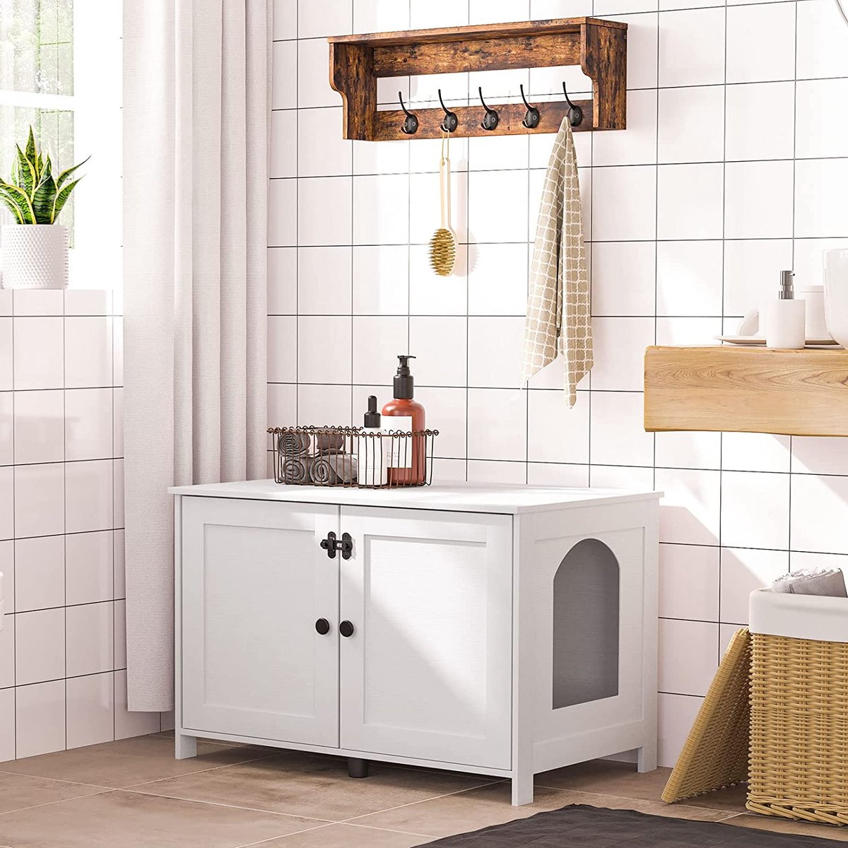 Hzuaneri Cat Cabinet, Cat Toilet, Litter Cabinet, 50 x 80 x 61 cm, Cat House With Door and Separate Partition, Stable Cat Cabinet, Seat, White and Gold 01503GCLB