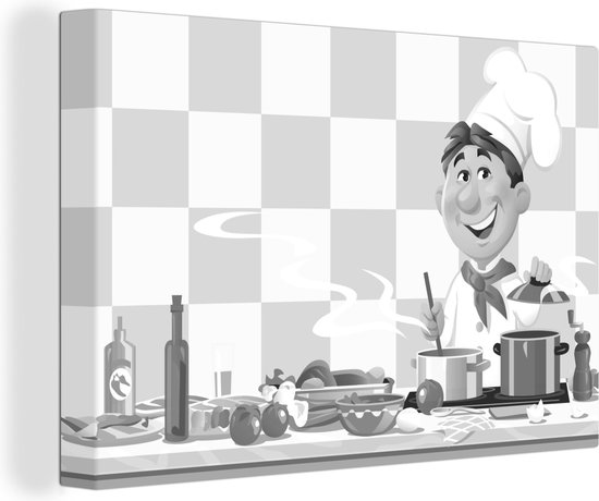 Tableau sur toile Un dessin d'un cuisinier dans la cuisine - noir et blanc  - 30x20 cm... | bol