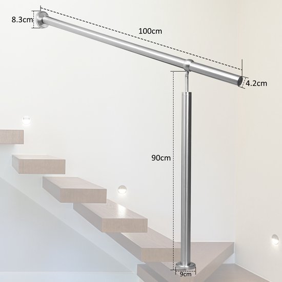 LZQ Roestvrij stalen leuning, reling trapleuning binnen en buiten, roestvrijstalen balustrade zonder dwarsstaven, voor trappen, balustrade, balkon, tuin (100 cm, zonder dwarsstaven