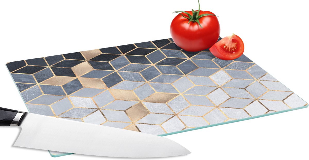 Glazen Snijplank - 28x20 - Kubus - Goud - Luxe - Patronen - Snijplanken Glas