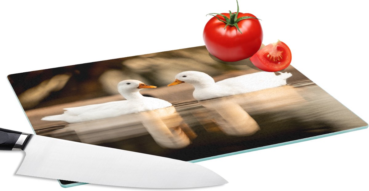 Glazen Snijplank - 28x20 - Eend - Wit - Dieren - Water - Vogel - Eenden - Snijplanken Glas