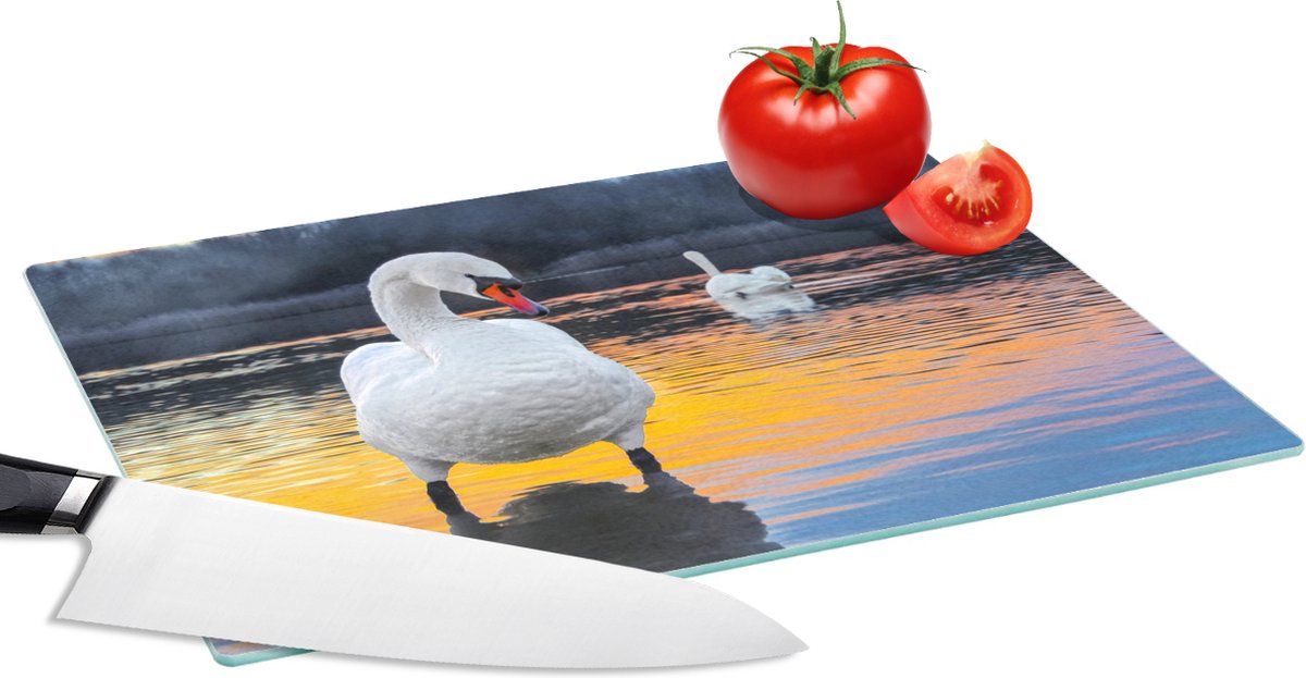Glazen Snijplank - 28x20 - Zwaan - Vogel - Zonsondergang - Water - Snijplanken Glas