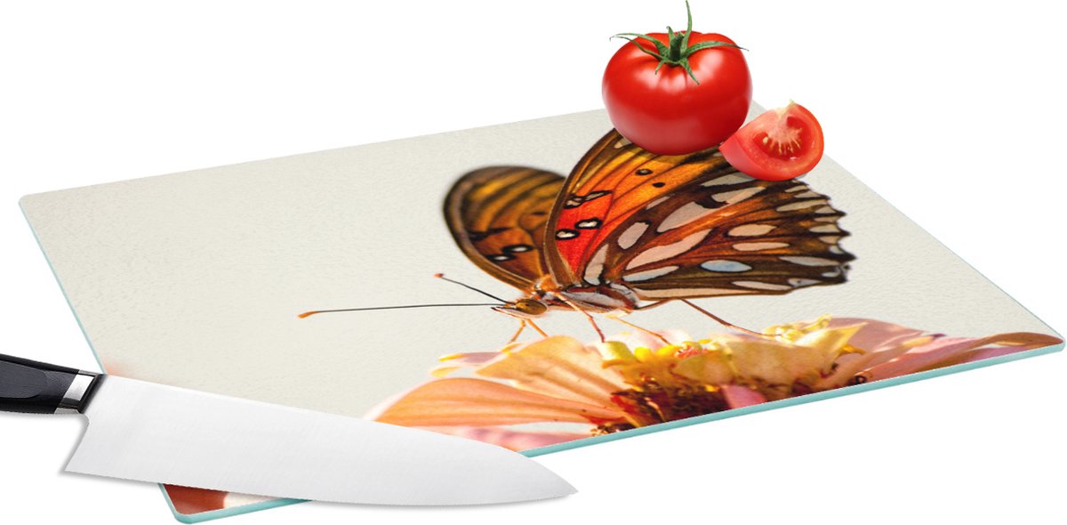 Glazen Snijplank - 39x28 - Vlinder - Oranje - Bloem - Insecten - Snijplanken Glas