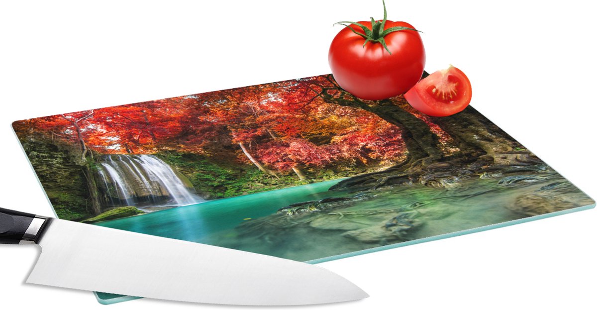 Glazen Snijplank - 28x20 - Waterval - boom - Rood - Herfst - Water - Snijplanken Glas