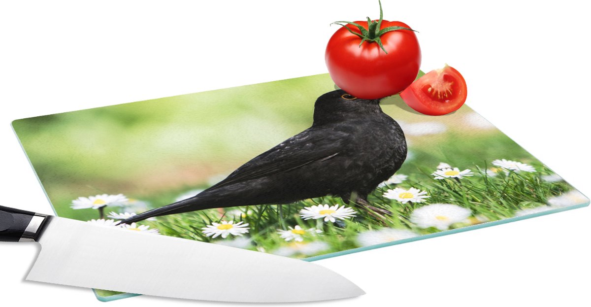 Glazen Snijplank - 28x20 - Vogel - Merel - Bloemen - Snijplanken Glas