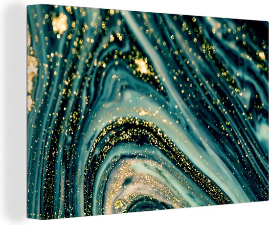 Canvas Schilderij Marmerlook - Luxe - Goud - Turquoise - Glitter - 120x80 cm - Wanddecoratie