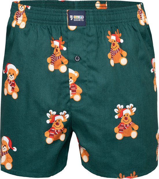 Happy Shorts Wijde Kerst Boxershort Teddy & Reindeer Groen - Losse boxershort - Maat S