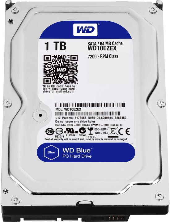 WD Blue 1TB PC Hard Drive met QR-code en productinformatie.