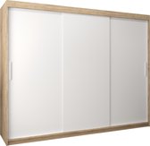InspireMe - Kledingkast met 3 schuifdeuren, Modern-stijl, Kledingkast met planken (BxHxD): 250x200x62 - TORM 250 Sonoma Eik + Wit Mat mat 4 lades