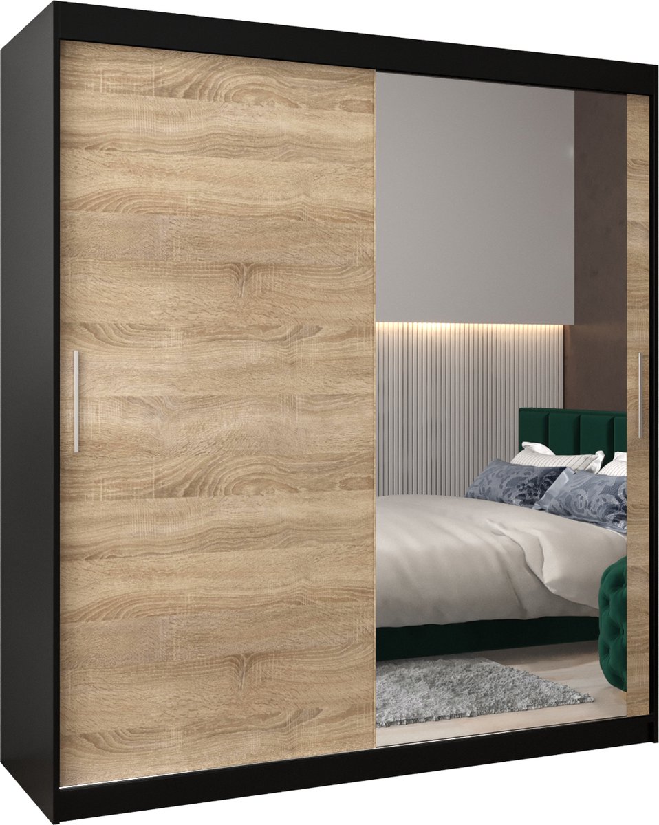 InspireME Kledingkast met 2 schuifdeuren, Modern-stijl, Kledingkast met planken (BxHxD): 180x200x62 - TORM II 180 Zwart Mat + Sonoma Eik met 4 lades