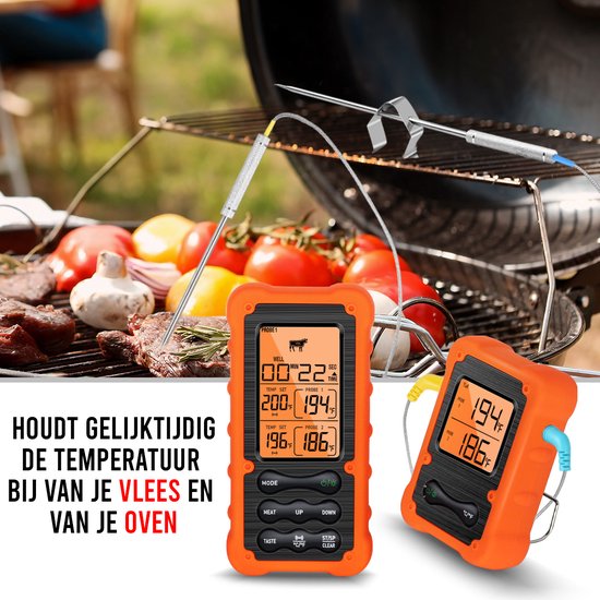 Oranje vleesthermometer op een barbecue met vlees, naast een oven met een gebraden kip.