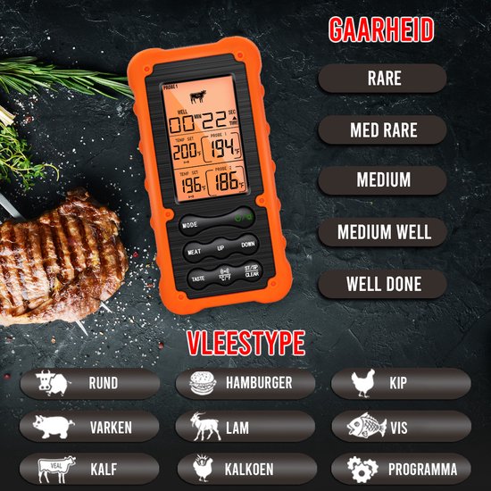 Oranje vleesthermometer met instellingen voor gaarheid en vleessoorten: rund, hamburger, kip, varken, lam, vis, kalf, kalkoen.