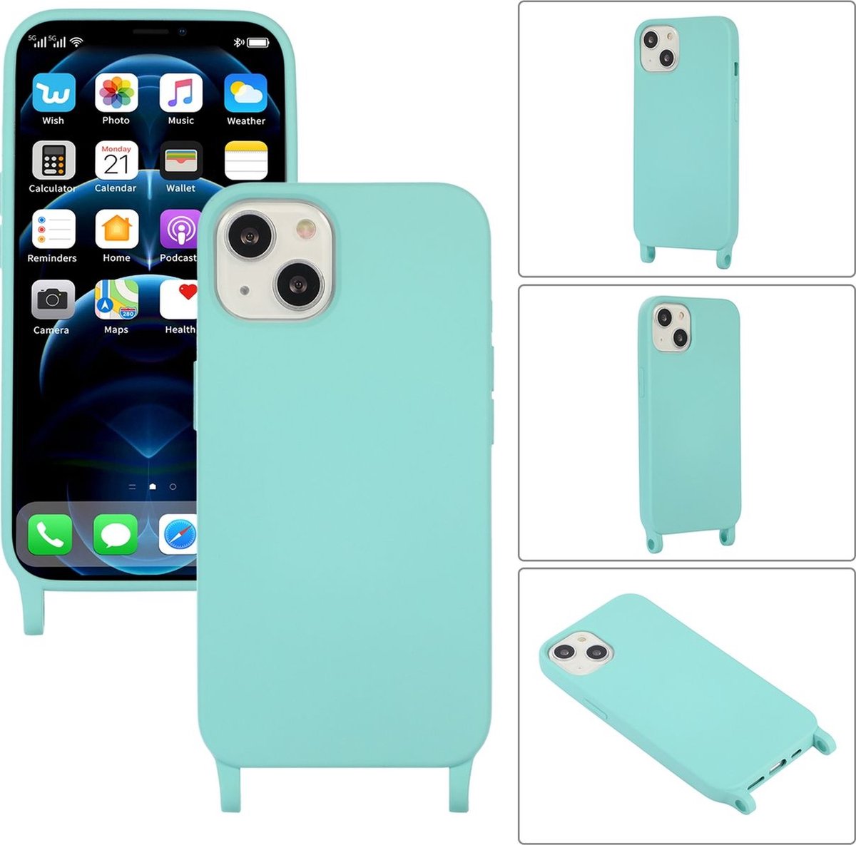 Mobigear Telefoonhoesje geschikt voor Apple iPhone 14 Siliconen | Mobigear Lanyard Hoesje met koord - Turquoise