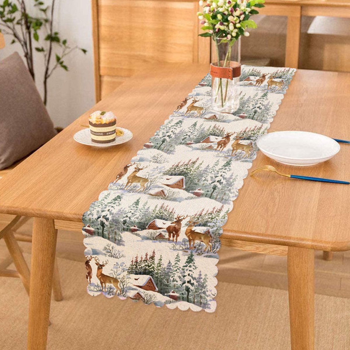 Velvet Textiel Kersttafelloper 45x135 cm - Kerst rendieren & Berghuisje - Decor - Decoratie - Tafellaken – foto 2