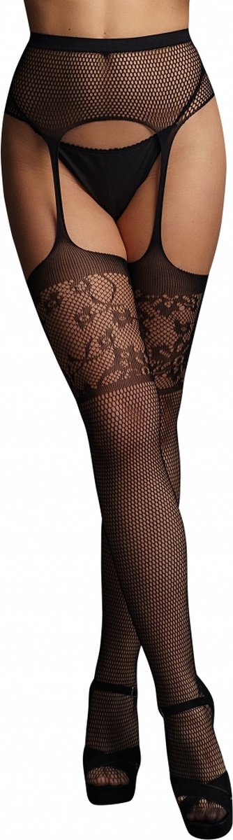 Garterbelt stockings with lace top - Black - O/S