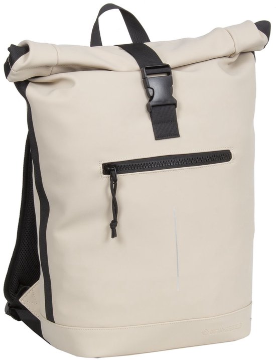 Beige rolltop rugzak met voorvak met rits, gesp sluiting en reflecterende streep.