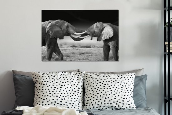 Tableau sur toile - Animaux sauvages - Éléphants - Zwart - Wit - Salon - 90x60 cm - Décoration murale - Décoration de la maison
