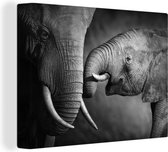 Canvas schilderij - Wilde dieren - Olifanten - Zwart - Wit - Woonkamer - Canvas - 80x60 cm - Muurdecoratie - Canvas doek