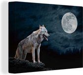 Canvas schilderij - Wilde dieren - Wolf - Maan - Bos - Natuur - Wanddecoratie - Canvas - 120x90 cm - Canvas doek - Woonkamer