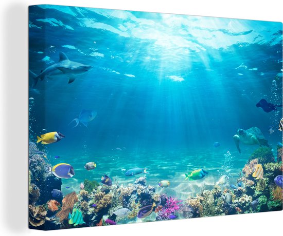 MuchoWow© Canvas Schilderij 90x60 cm Kamer Muur Decoratie Woonkamer Slaapkamer Room Decor Wall Decoration Art Painting Jungle - Waterval - Planten - Water - Natuur