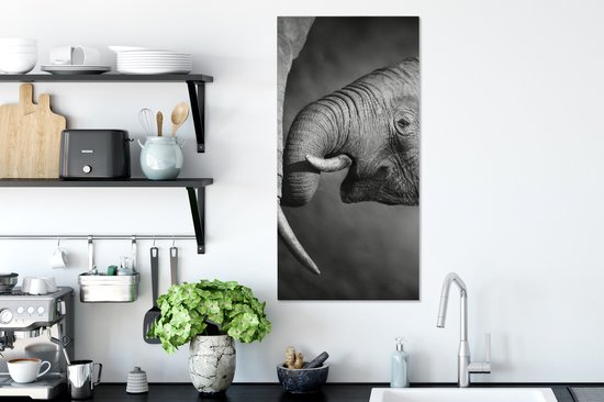 Canvas schilderij - Wilde dieren - Olifanten - Zwart - Wit - Woonkamer - Canvas - 40x80 cm - Muurdecoratie - Canvas doek