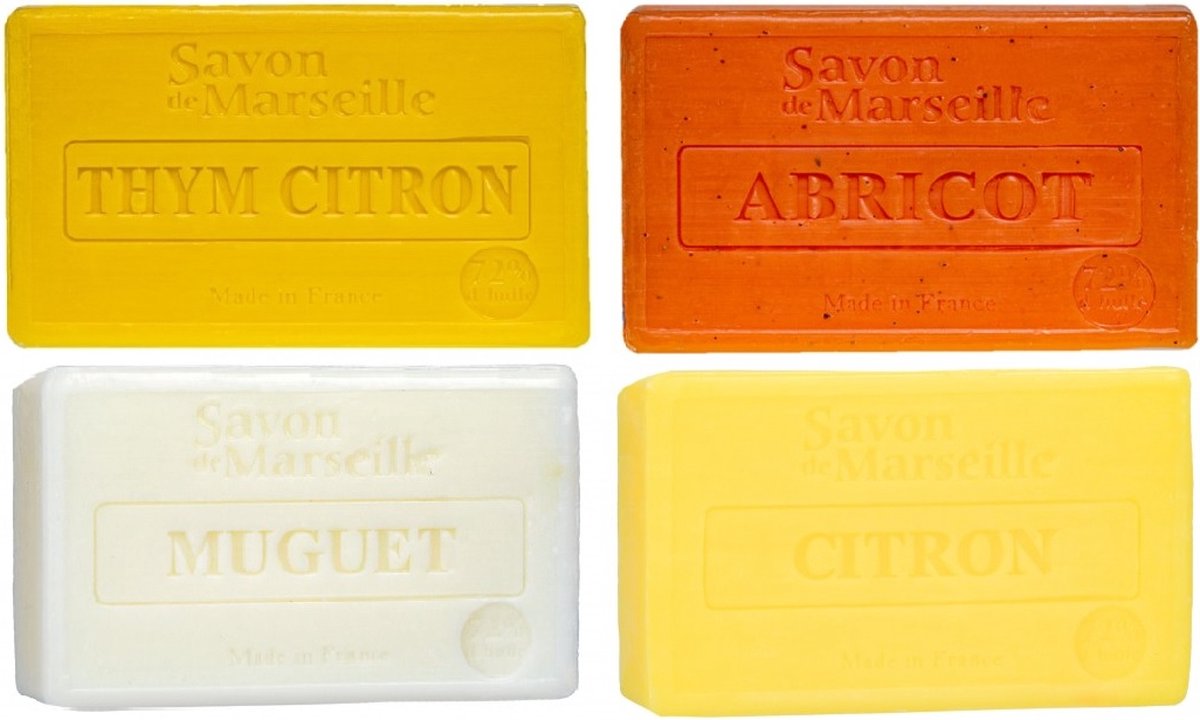 Goedkoopste Set Marseille zeep 4 x 100 gram in geuren thym citroen-abrikoos-lelietjes van dalen-citroen