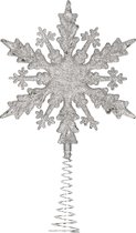 Kerstboom piek - platte sneeuwvlok - kunststof - zilver glitter - 20 cm