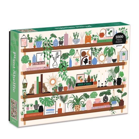 Doos van een 1000-delige puzzel met de titel 'Plant Shelfie'. De doos toont een illustratie van een boekenplank vol met planten, potten en decoraties.
