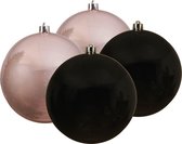 Kerstballen - 4x stuks - zwart en lichtroze - 14 cm - kunststof