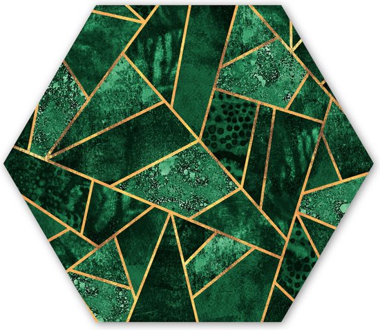 Hexagon wanddecoratie - Kunststof Wanddecoratie - Hexagon Schilderij - Smaragd - Goud - Abstract - Patronen - 75x65 cm