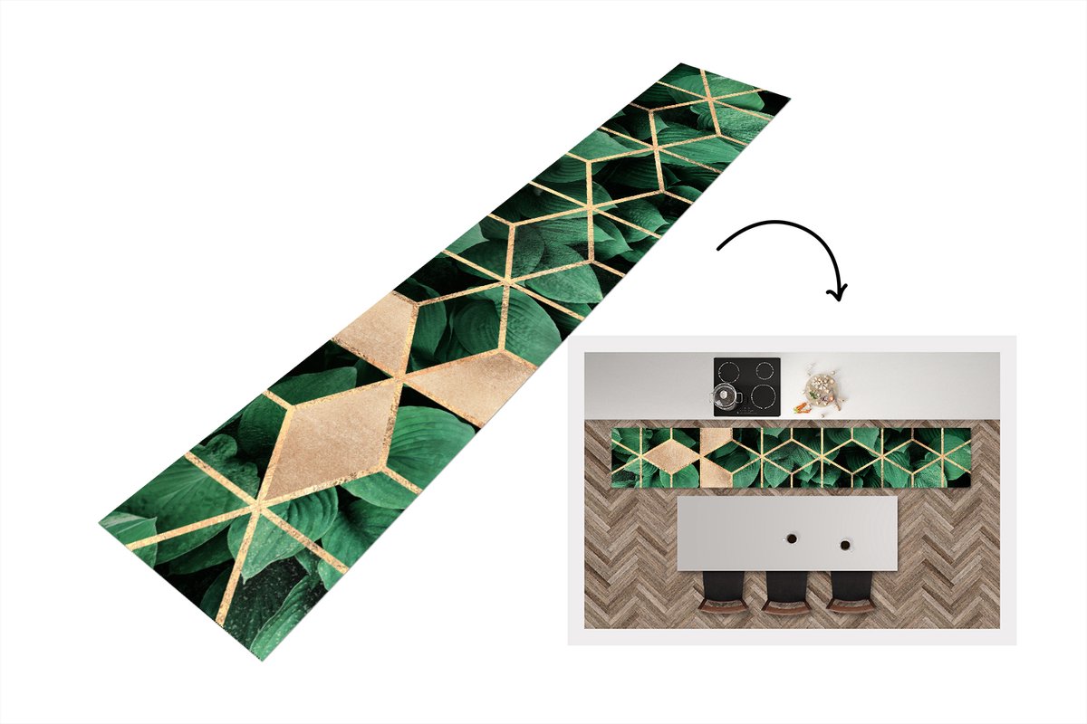 KitchenYeah Keukenloper - Loper keuken - Bladeren - Goud - Patronen - Kubus - Luxe - 360x60 cm - Keukenloper vinyl Multicolor